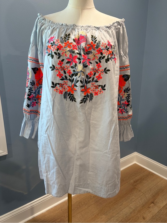Free People Dresses & Skirts - Free People Light Blue Embroidered Off Shoulder Boho Peasant Dress M